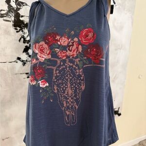 Cherokee Blue Tank Top with Floral Skull Design